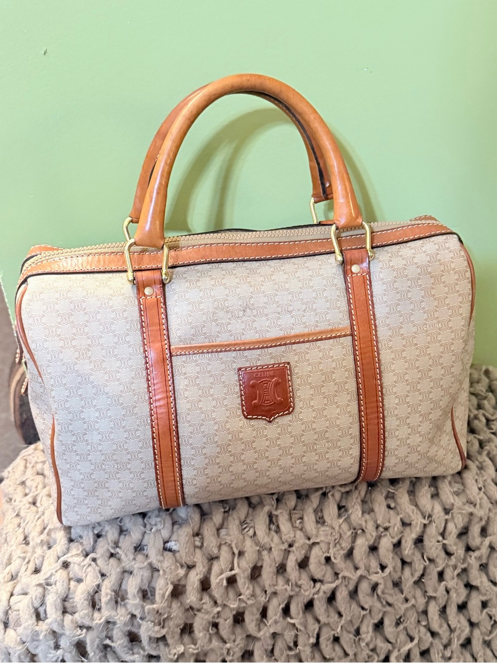 Celine Beige Monogram Canvas Duffel Bag with Tan Leather Trim